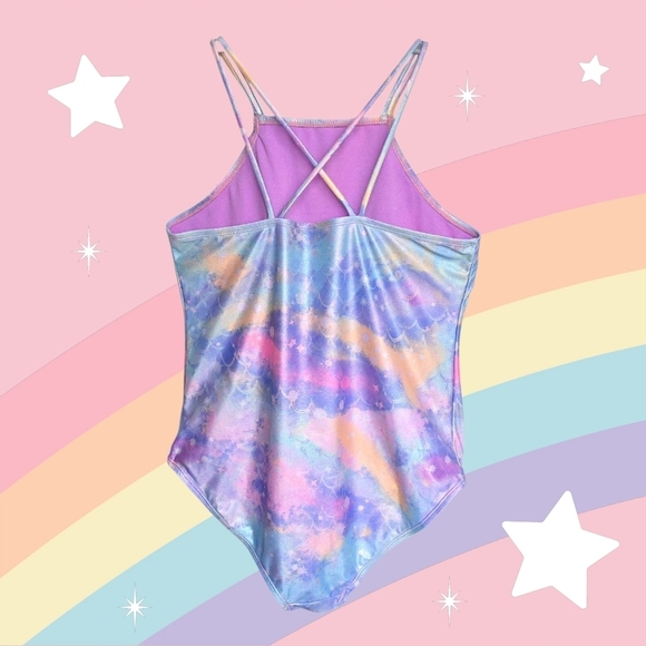 Girls Mermaid Shimmer Pastel Colors One-Piece Swimsuit Crisscross Back 14/16 - Picture 5 of 16